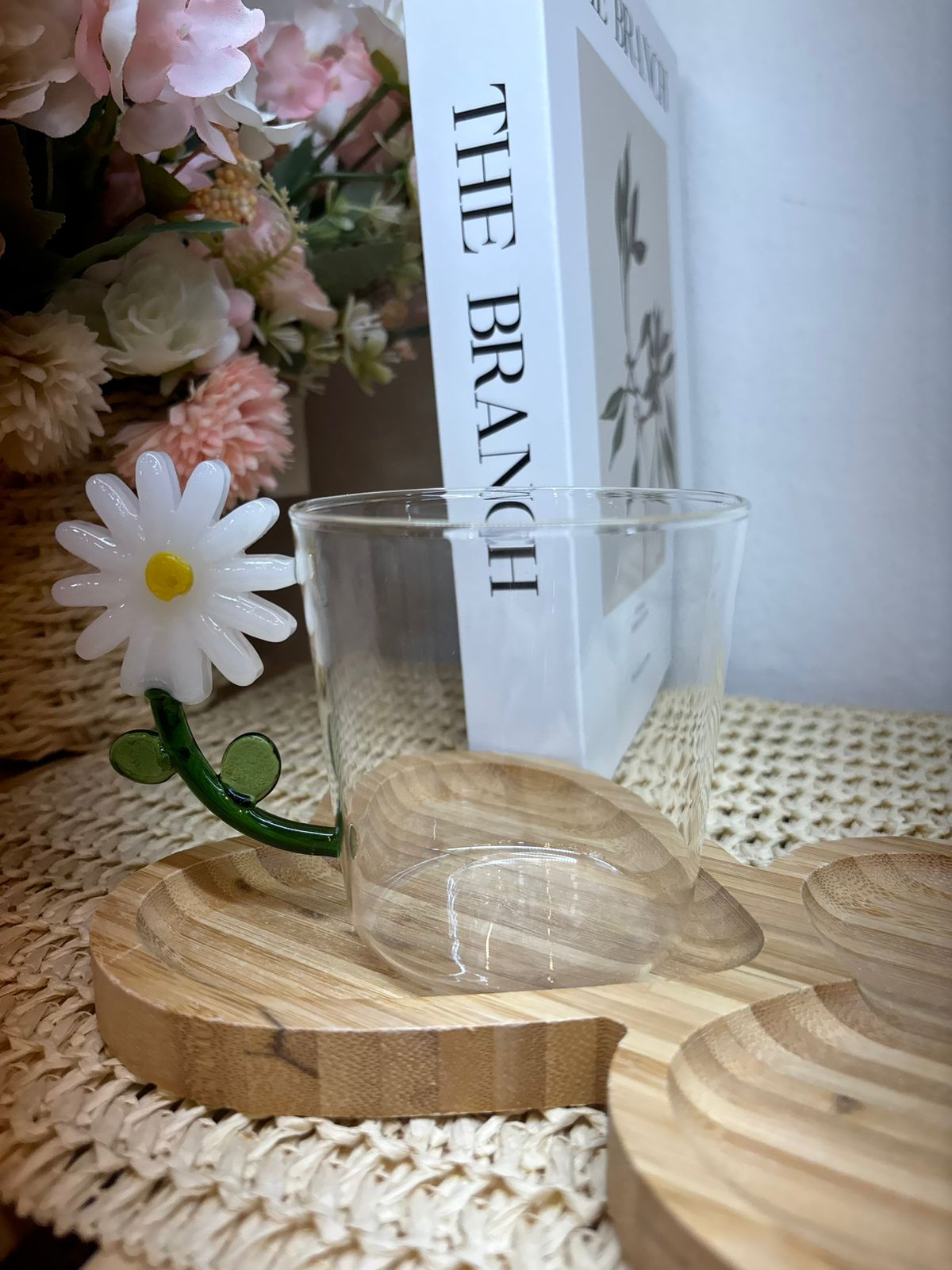 Taza vidrio Aplique Flor Verde