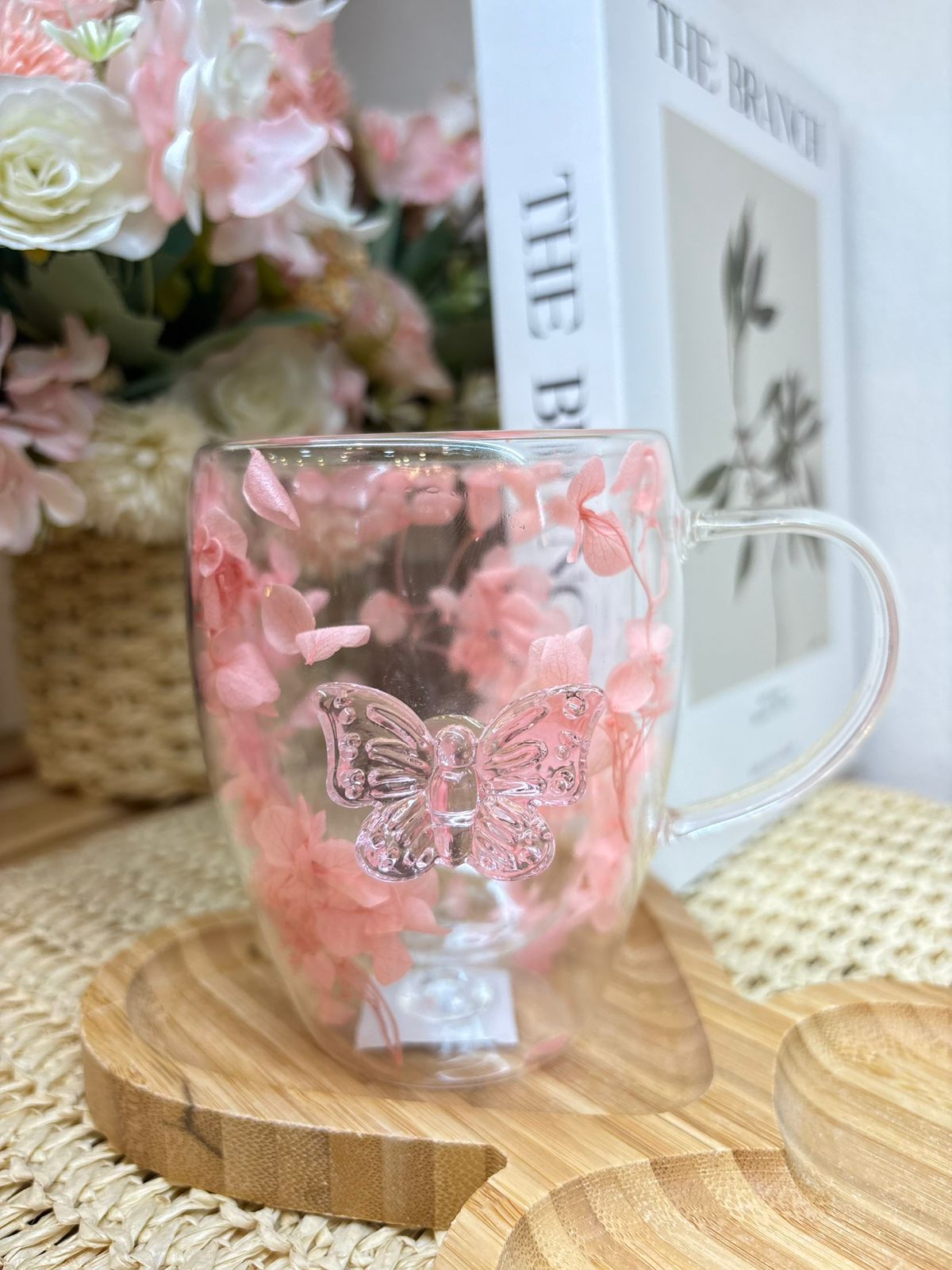 Taza vidrio doble con Aplique Mariposa