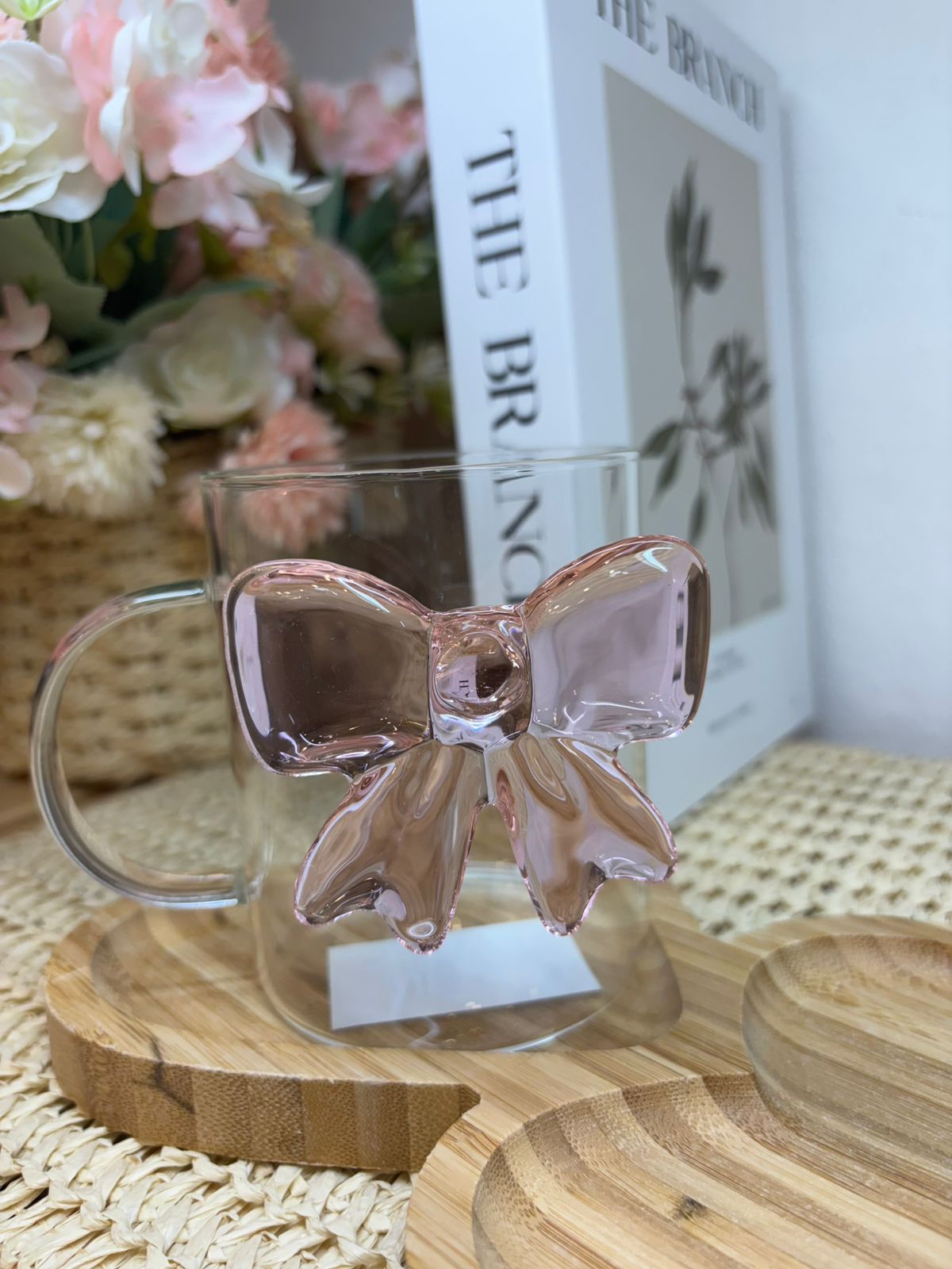 Taza vidrio Aplique Moño rosa
