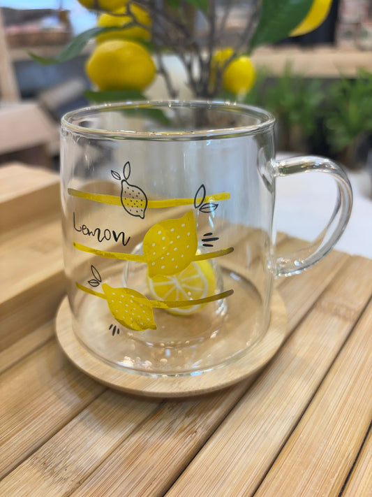 Taza vidrio con plato de bambu Limon
