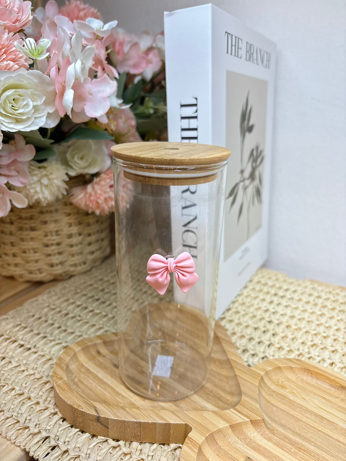 Vaso vidrio recto Aplique Moño rosa