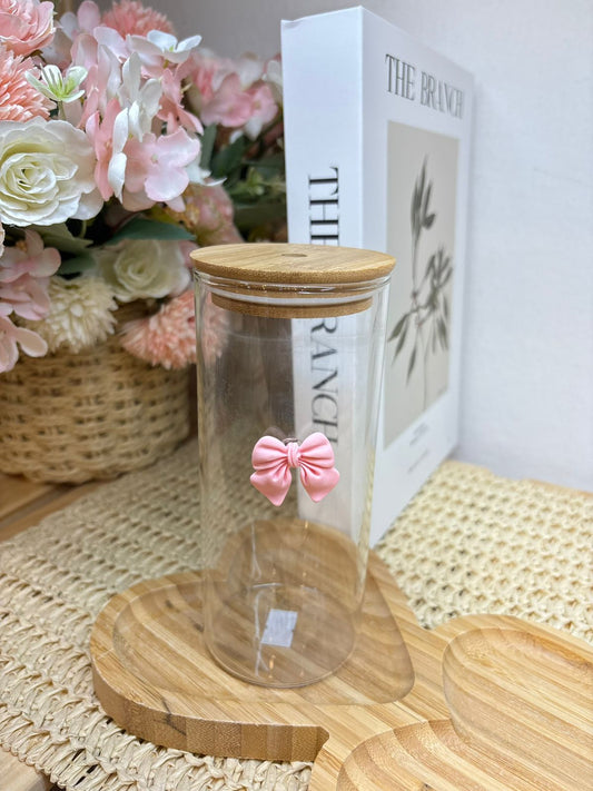 Vaso vidrio recto Aplique Moño rosa