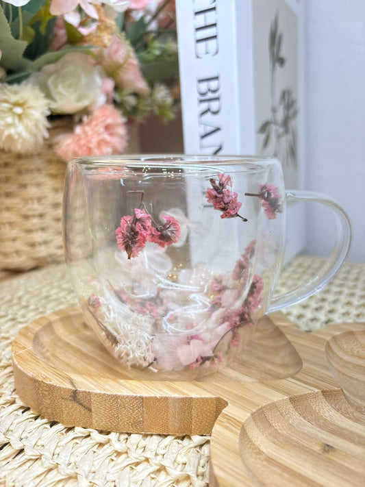 Taza vidrio doble con flores rosa y negro